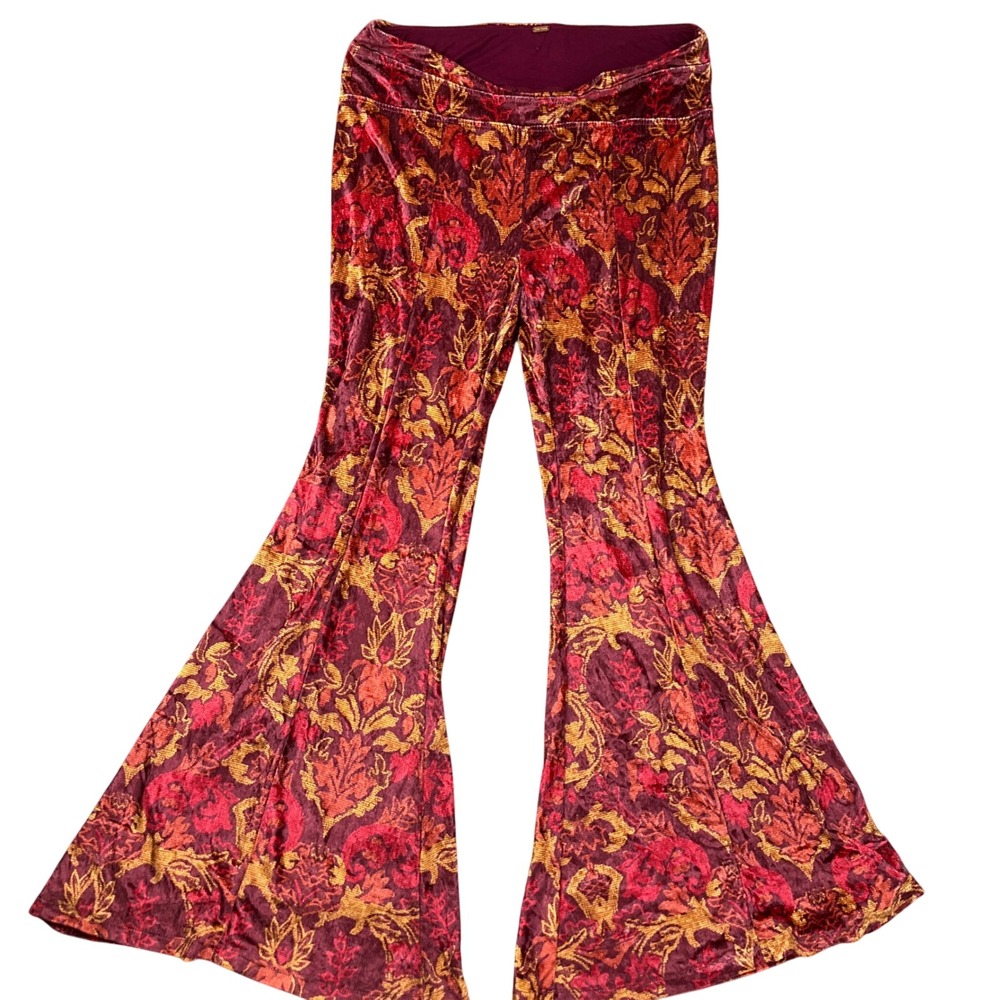 Free People Pants Women XS Hold Me Closer Bell Bottom Flare Floral Velvet Hippie